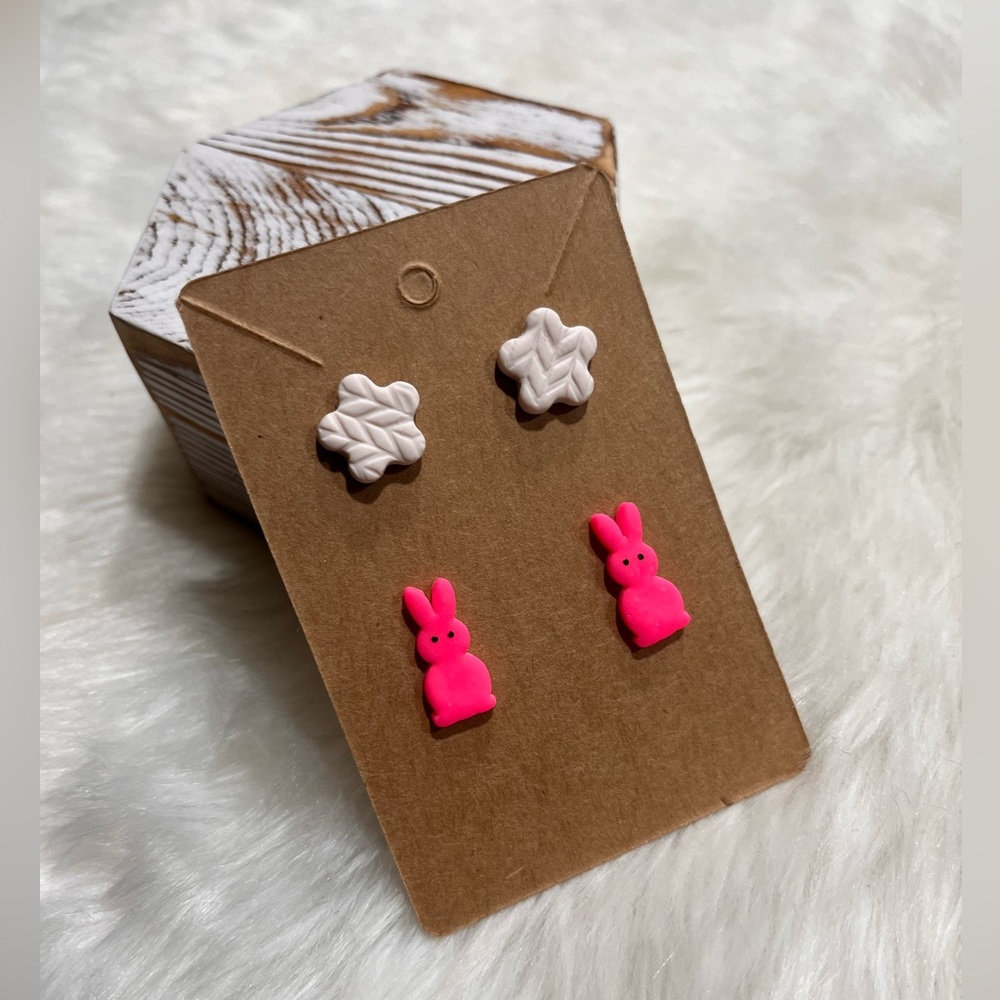 Cream Flower Pink Peep Bunny Polymer Clay Earrings